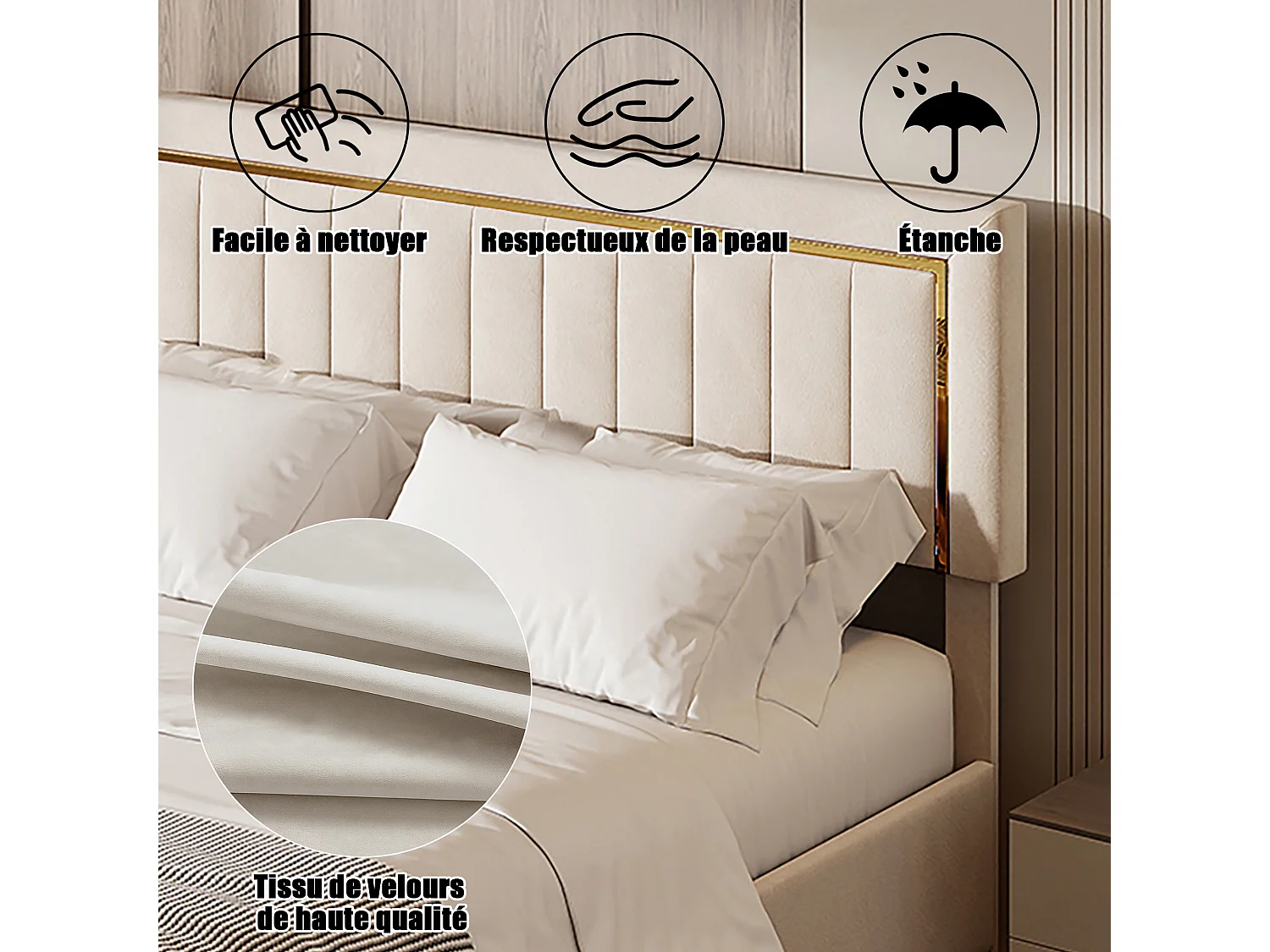 180x200cm bed met verstelbaar hoofdeinde - Tweepersoonsbedframe van 180x200cm met opbergruimte en houten lattenbodem - Fluweelstof - Wit