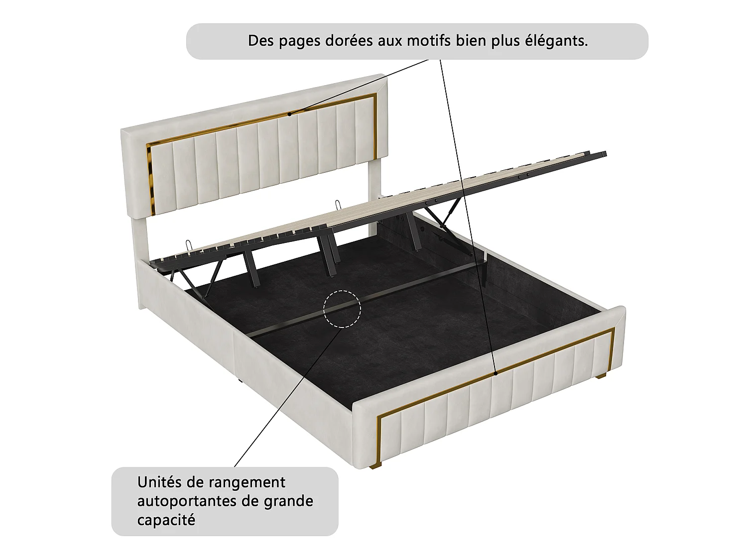 180x200cm bed met verstelbaar hoofdeinde - Tweepersoonsbedframe van 180x200cm met opbergruimte en houten lattenbodem - Fluweelstof - Wit