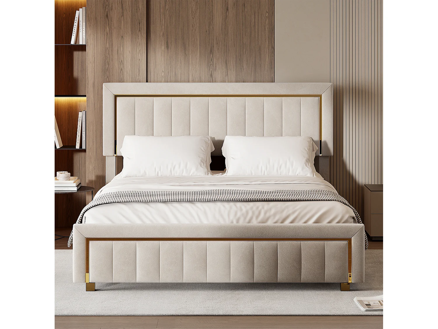 180x200cm bed met verstelbaar hoofdeinde - Tweepersoonsbedframe van 180x200cm met opbergruimte en houten lattenbodem - Fluweelstof - Wit