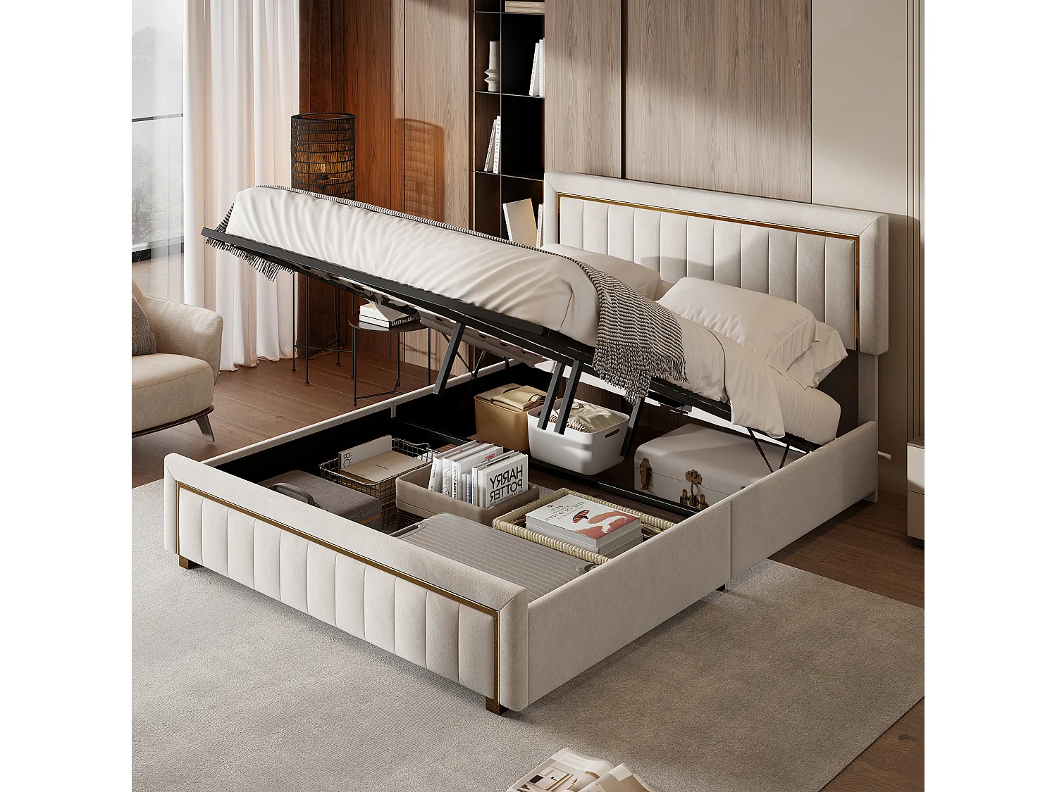 180x200cm bed met verstelbaar hoofdeinde - Tweepersoonsbedframe van 180x200cm met opbergruimte en houten lattenbodem - Fluweelstof - Wit