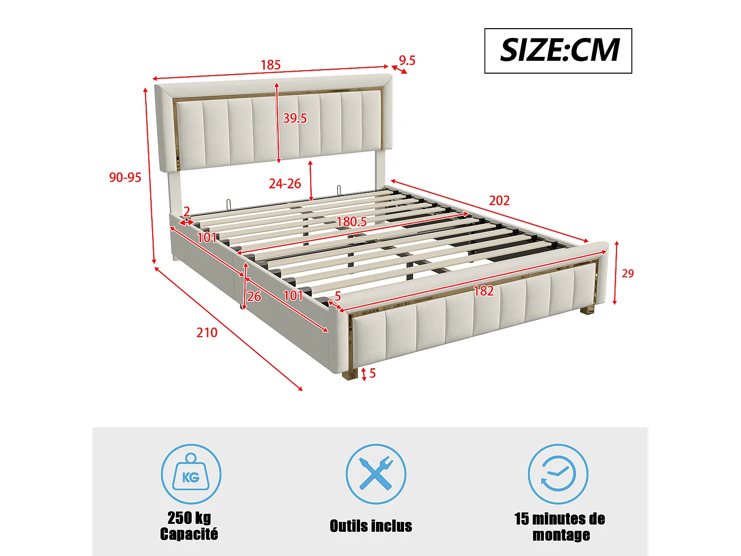 180x200cm bed met verstelbaar hoofdeinde - Tweepersoonsbedframe van 180x200cm met opbergruimte en houten lattenbodem - Fluweelstof - Wit
