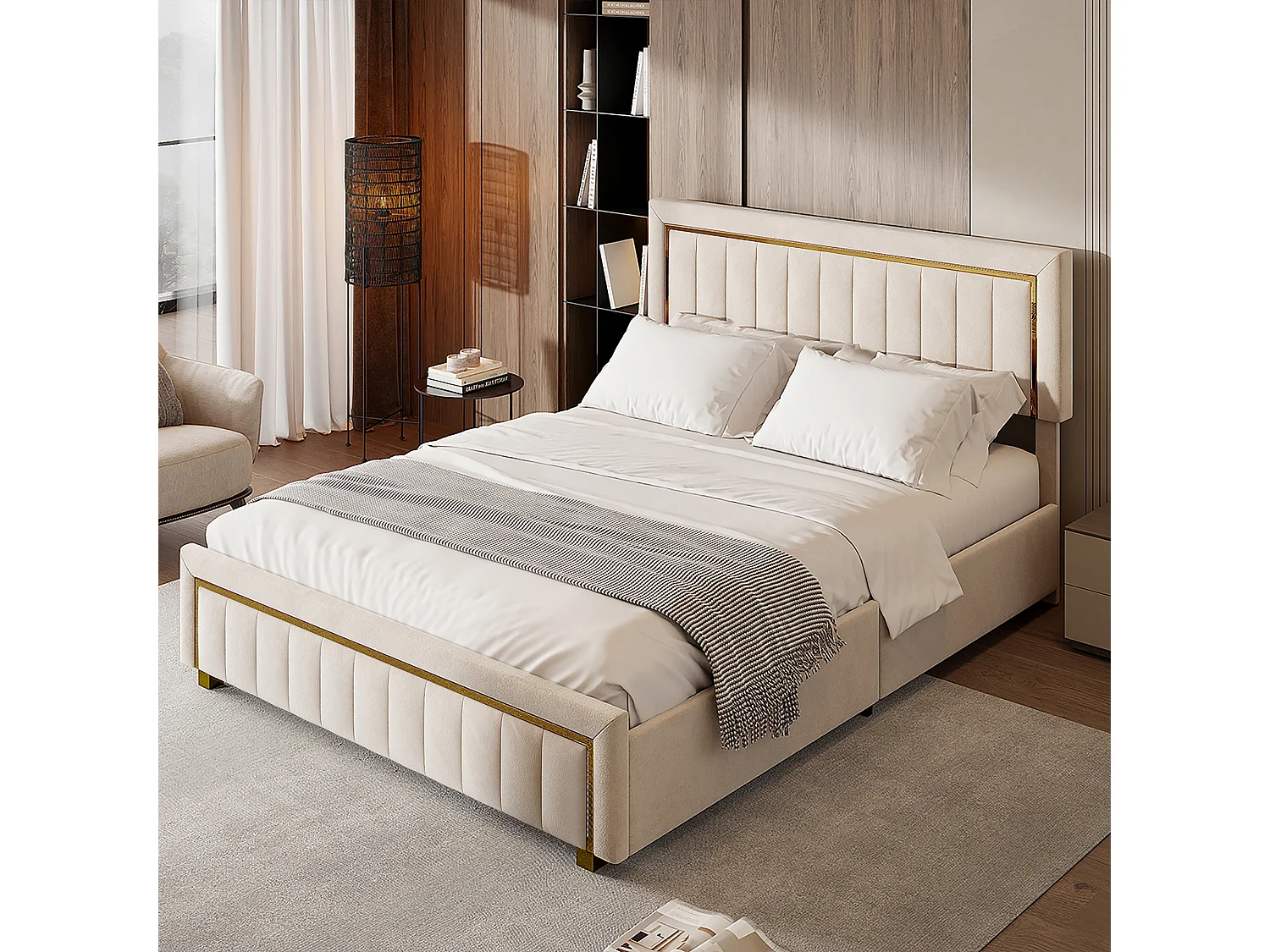 180x200cm bed met verstelbaar hoofdeinde - Tweepersoonsbedframe van 180x200cm met opbergruimte en houten lattenbodem - Fluweelstof - Wit
