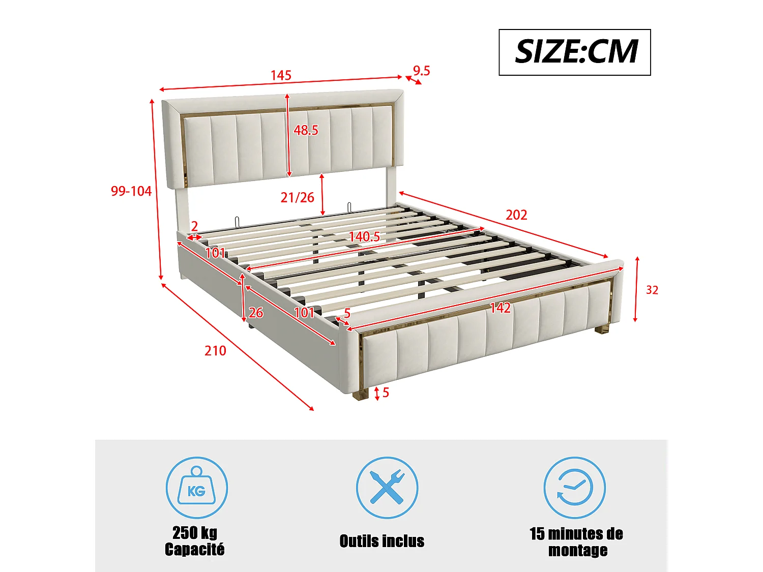 140x200cm bed met verstelbaar hoofdeinde - Tweepersoonsbedframe van 140x200cm met opbergruimte en houten lattenbodem - Fluweelstof - Wit
