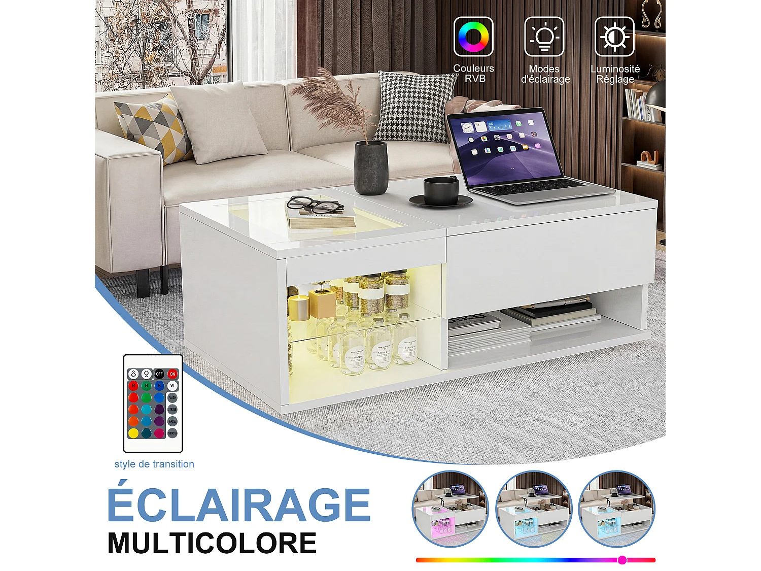 Table Basse Relevable avec LED Multicolore,Rangement Caché, Mécanisme de Levage,Bois Massif, Idéale Salon/Chambre,Blanc,100x55x35cm