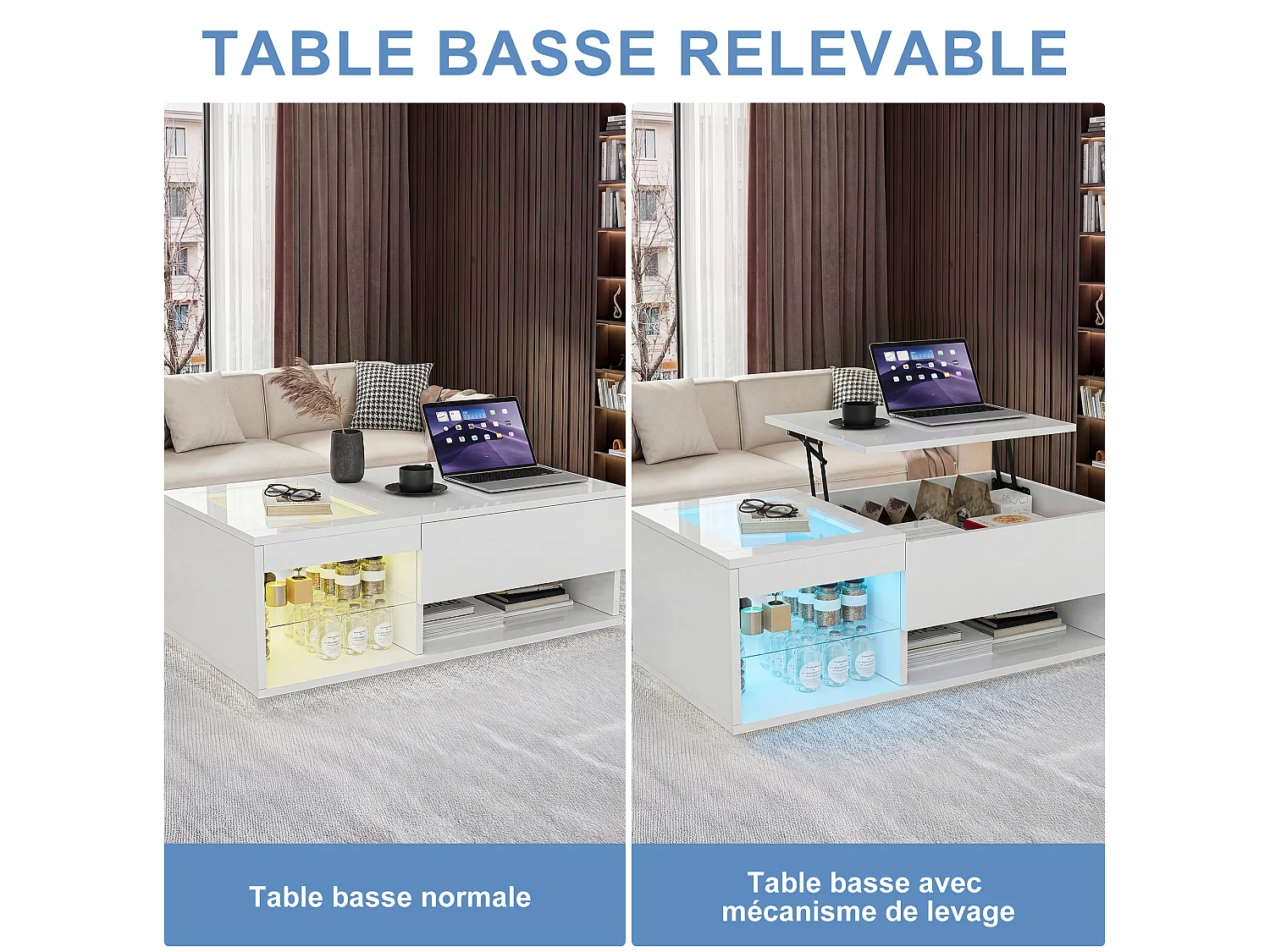 Table Basse Relevable avec LED Multicolore,Rangement Caché, Mécanisme de Levage,Bois Massif, Idéale Salon/Chambre,Blanc,100x55x35cm