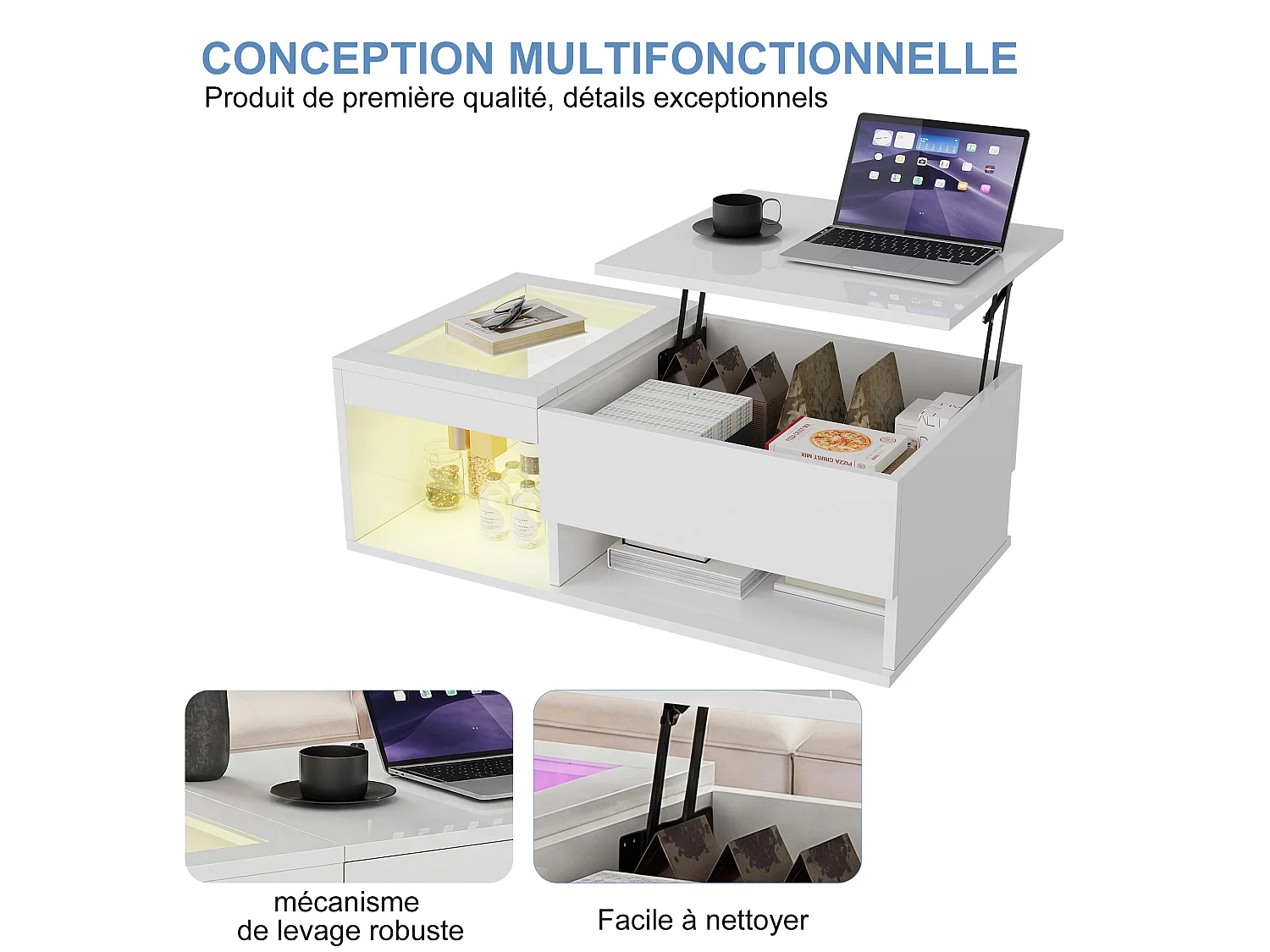 Table Basse Relevable avec LED Multicolore,Rangement Caché, Mécanisme de Levage,Bois Massif, Idéale Salon/Chambre,Blanc,100x55x35cm