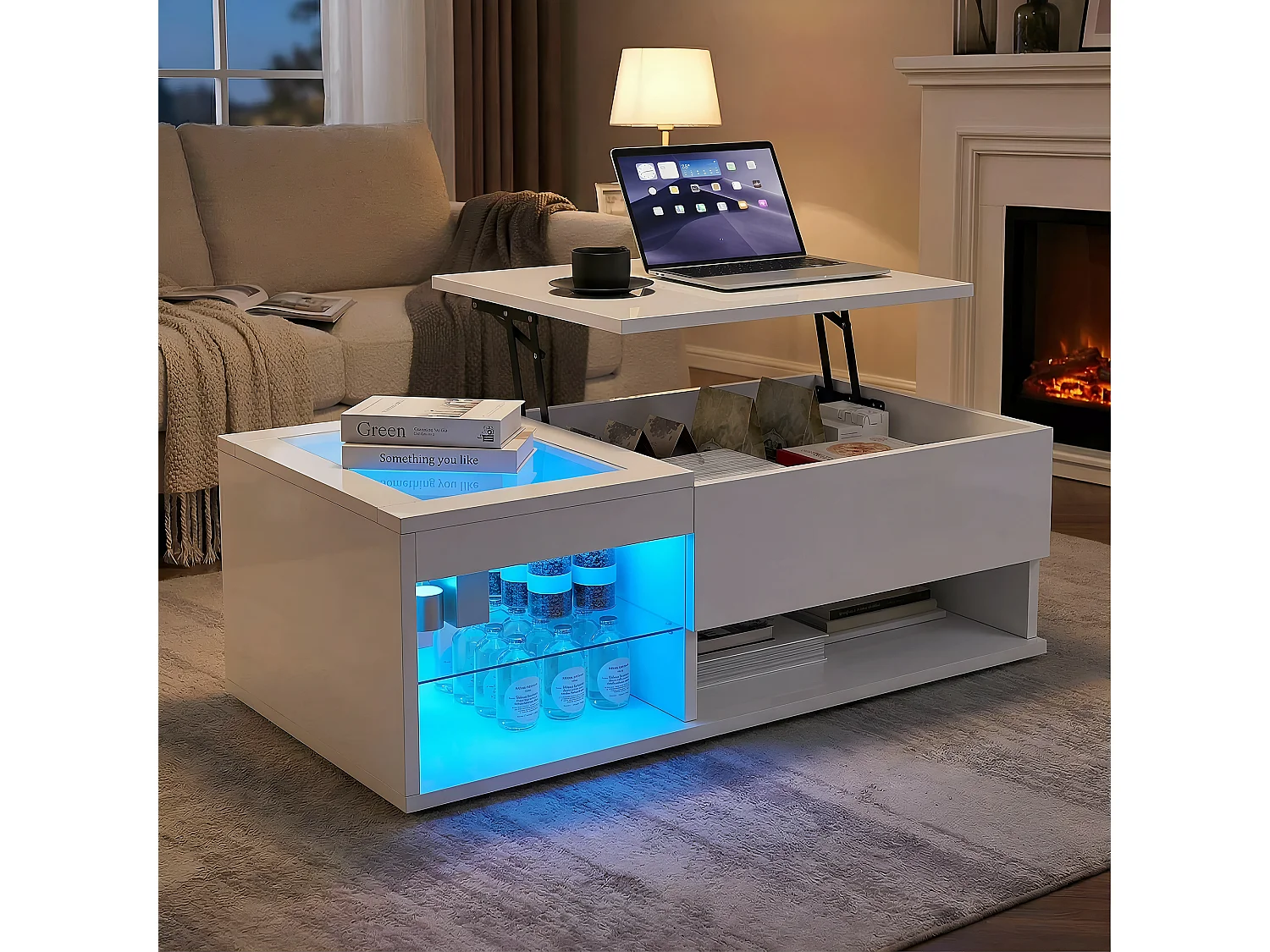 Table Basse Relevable avec LED Multicolore,Rangement Caché, Mécanisme de Levage,Bois Massif, Idéale Salon/Chambre,Blanc,100x55x35cm