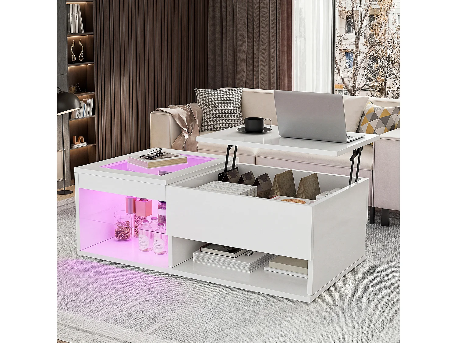Table Basse Relevable avec LED Multicolore,Rangement Caché, Mécanisme de Levage,Bois Massif, Idéale Salon/Chambre,Blanc,100x55x35cm