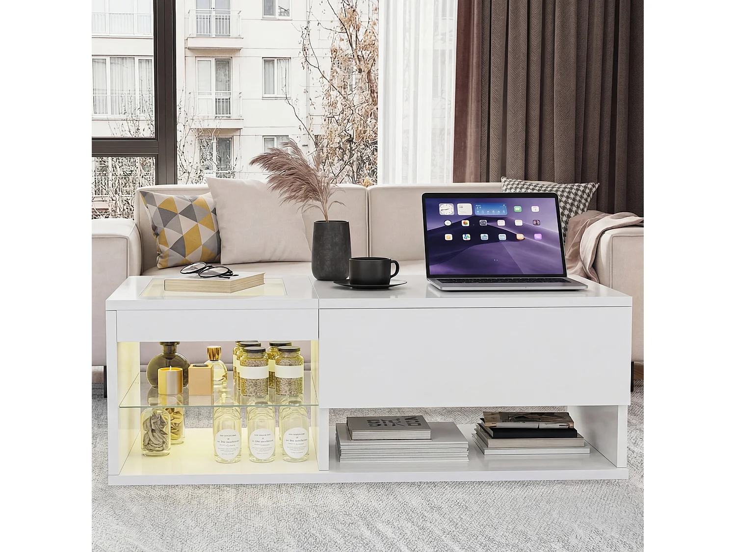 Table Basse Relevable avec LED Multicolore,Rangement Caché, Mécanisme de Levage,Bois Massif, Idéale Salon/Chambre,Blanc,100x55x35cm