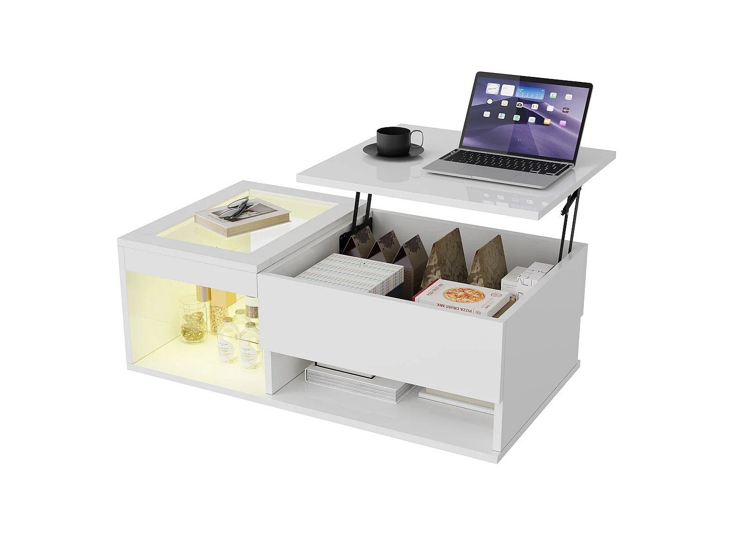 Table Basse Relevable avec LED Multicolore,Rangement Caché, Mécanisme de Levage,Bois Massif, Idéale Salon/Chambre,Blanc,100x55x35cm