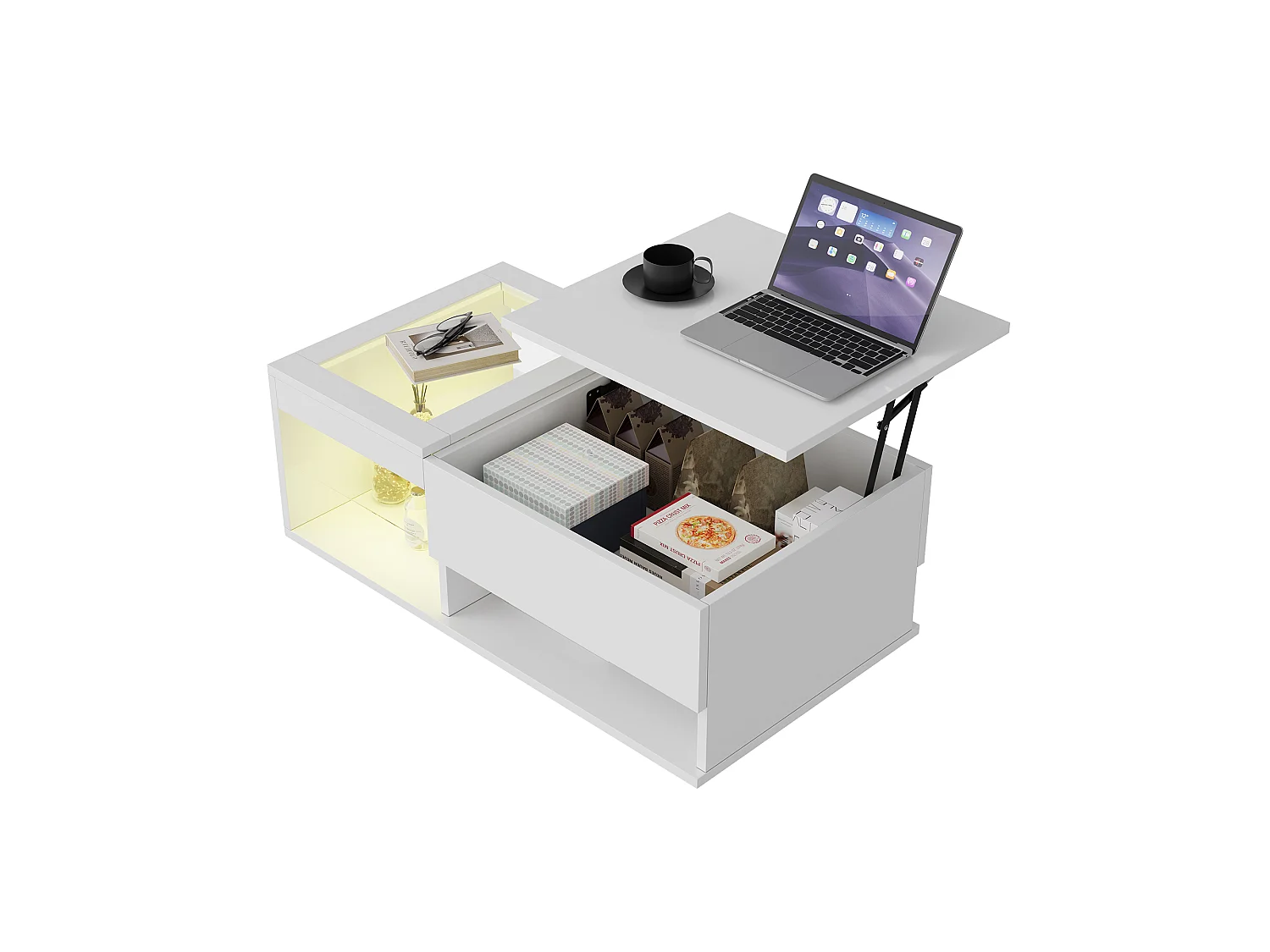 Table Basse Relevable avec LED Multicolore,Rangement Caché, Mécanisme de Levage,Bois Massif, Idéale Salon/Chambre,Blanc,100x55x35cm