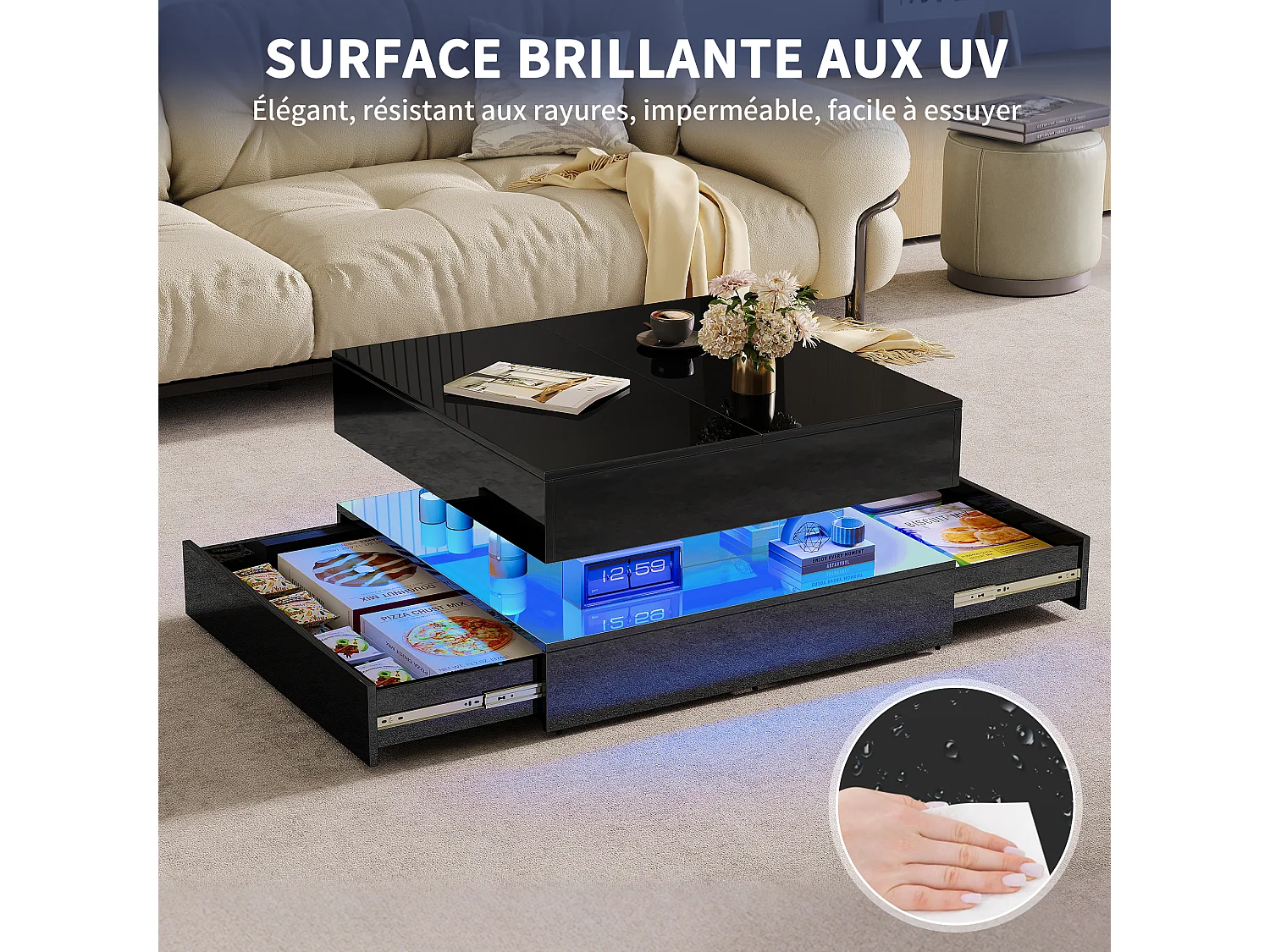 Table Basse LED avec Rangement,Surface UV Brillante,Tiroir Poussoir,table basse salon chambre jardin,78x78x43cm,Noir