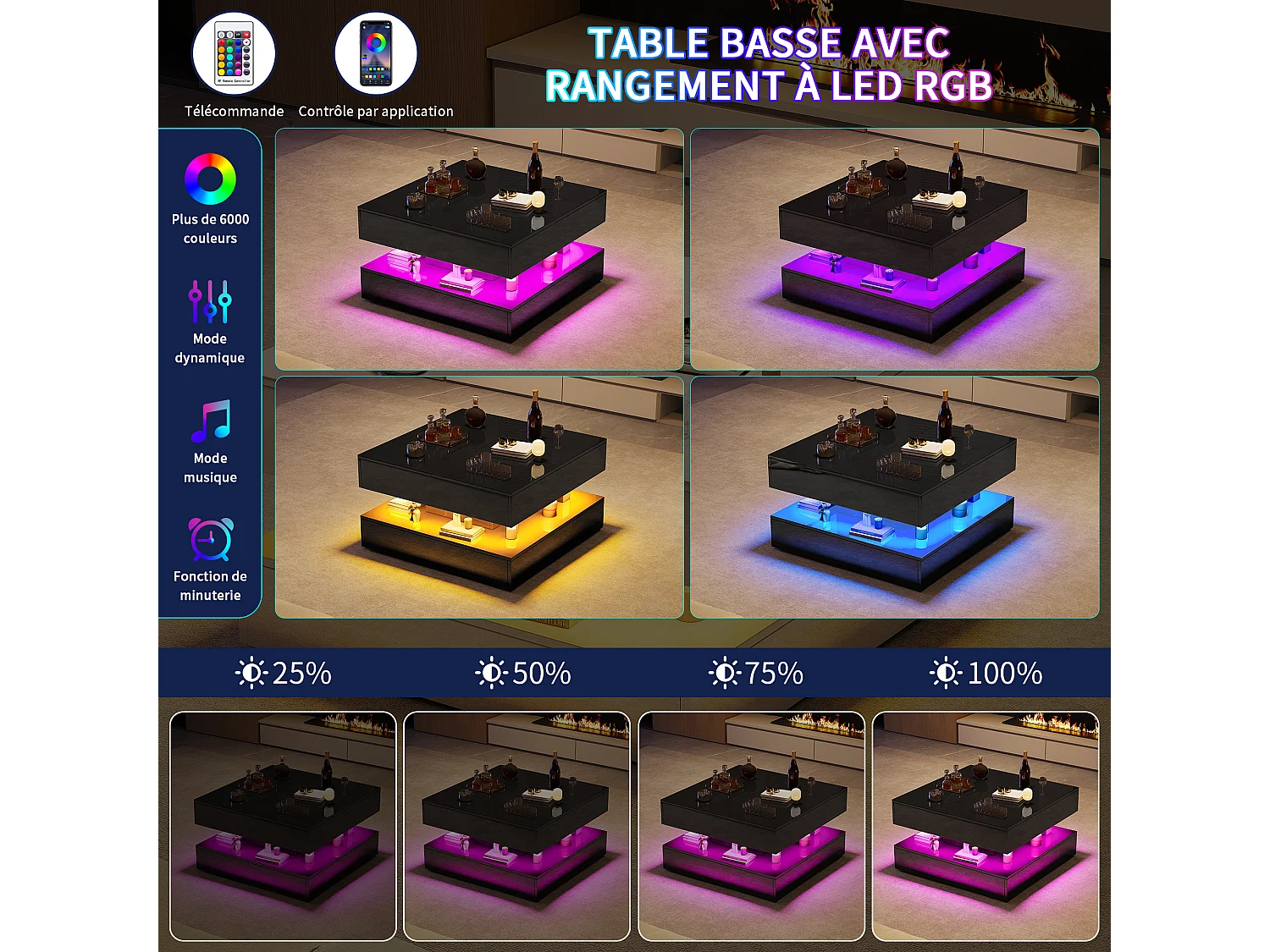 Table Basse LED avec Rangement,Surface UV Brillante,Tiroir Poussoir,table basse salon chambre jardin,78x78x43cm,Noir