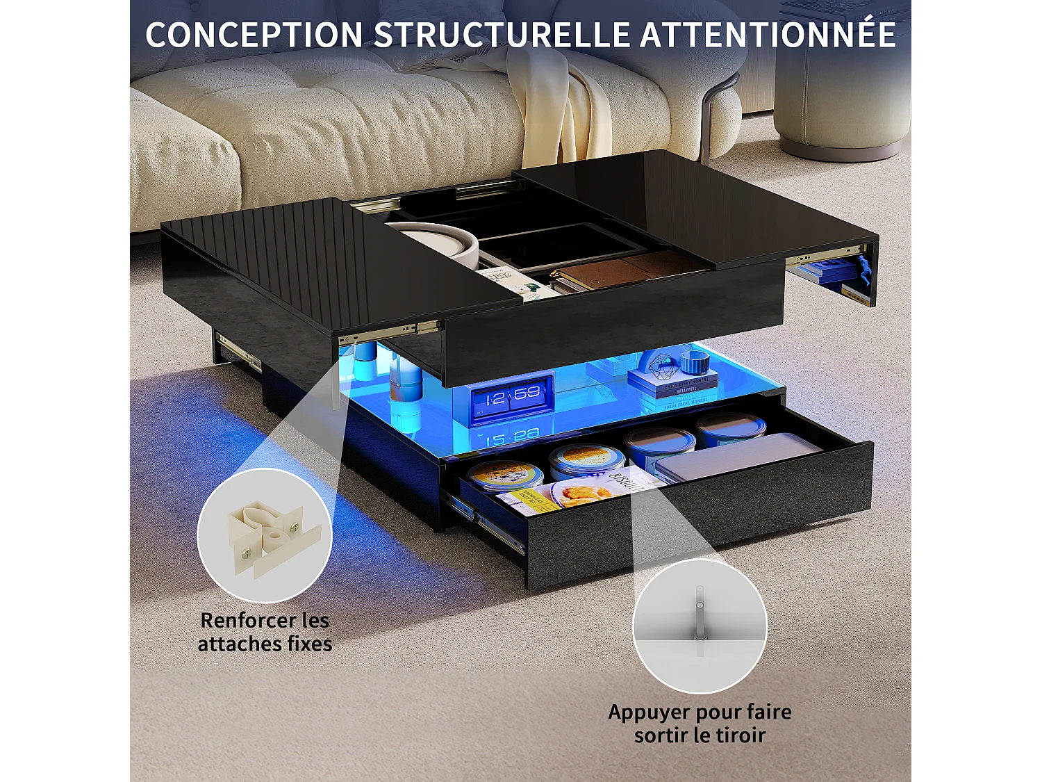 Table Basse LED avec Rangement,Surface UV Brillante,Tiroir Poussoir,table basse salon chambre jardin,78x78x43cm,Noir