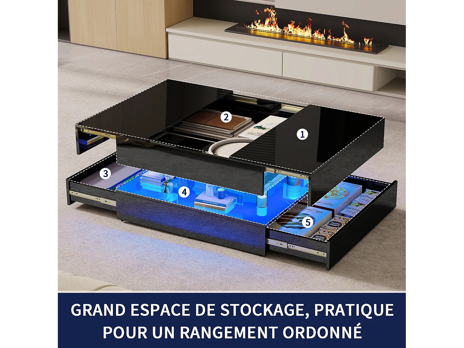 Table Basse LED avec Rangement,Surface UV Brillante,Tiroir Poussoir,table basse salon chambre jardin,78x78x43cm,Noir
