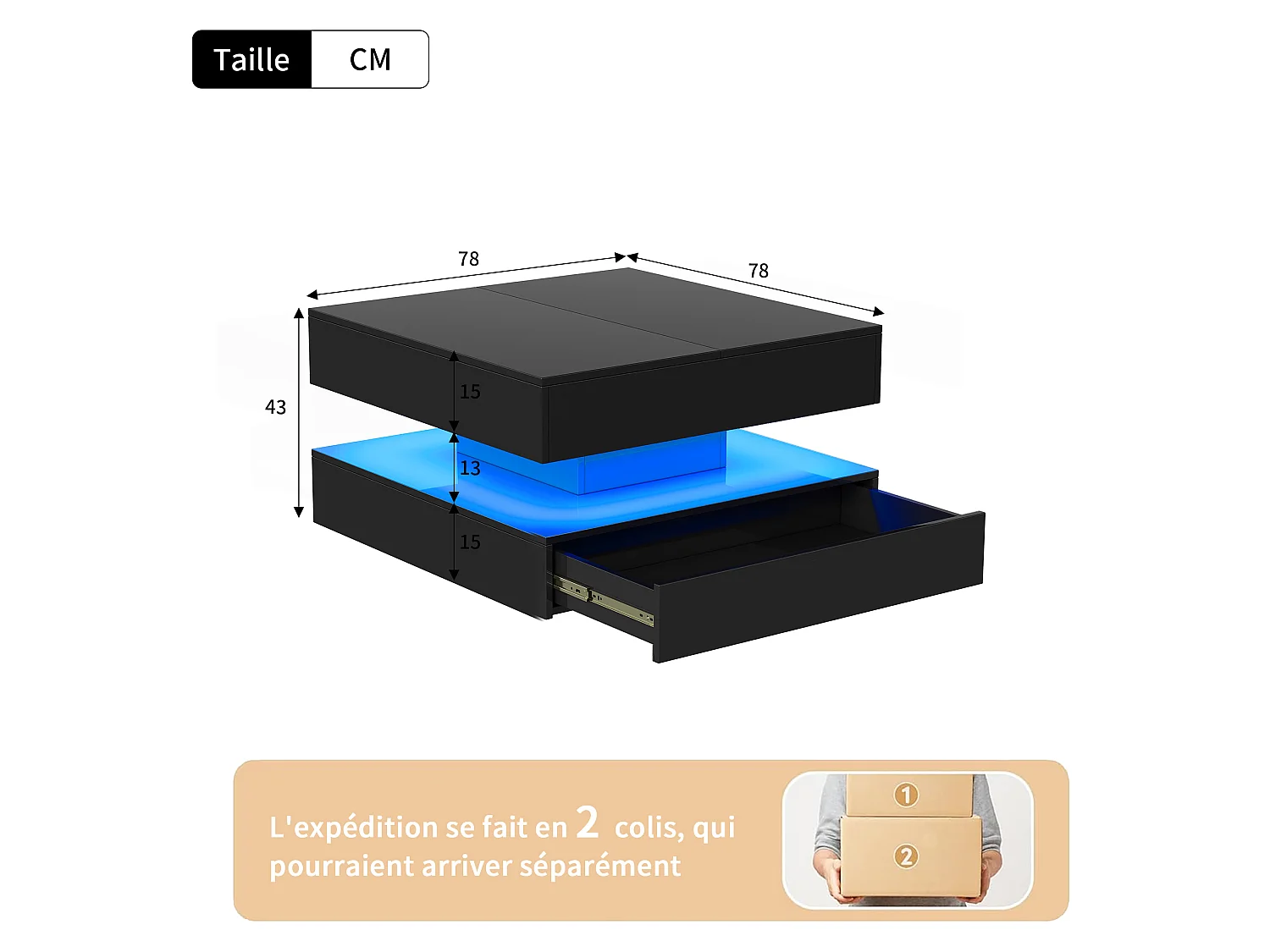 Table Basse LED avec Rangement,Surface UV Brillante,Tiroir Poussoir,table basse salon chambre jardin,78x78x43cm,Noir