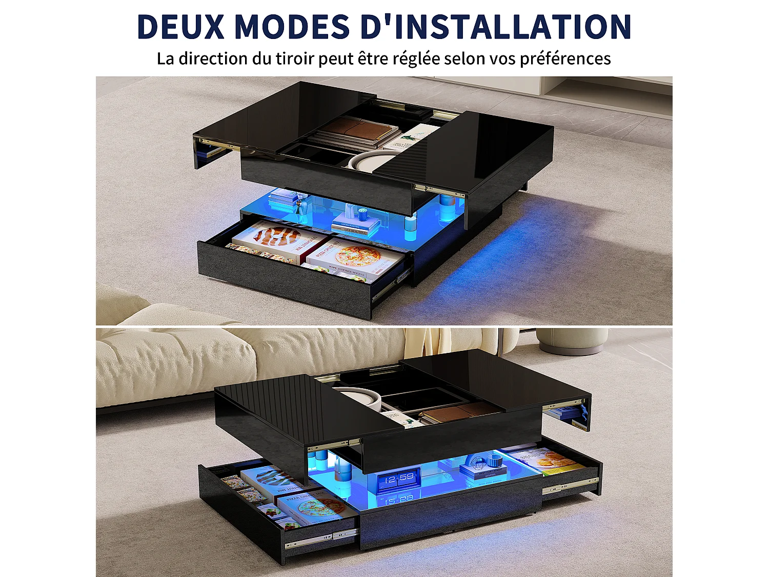 Table Basse LED avec Rangement,Surface UV Brillante,Tiroir Poussoir,table basse salon chambre jardin,78x78x43cm,Noir