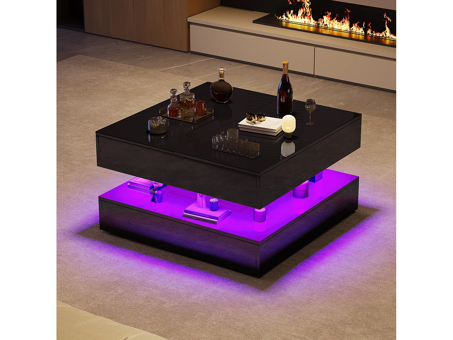 Table Basse LED avec Rangement,Surface UV Brillante,Tiroir Poussoir,table basse salon chambre jardin,78x78x43cm,Noir