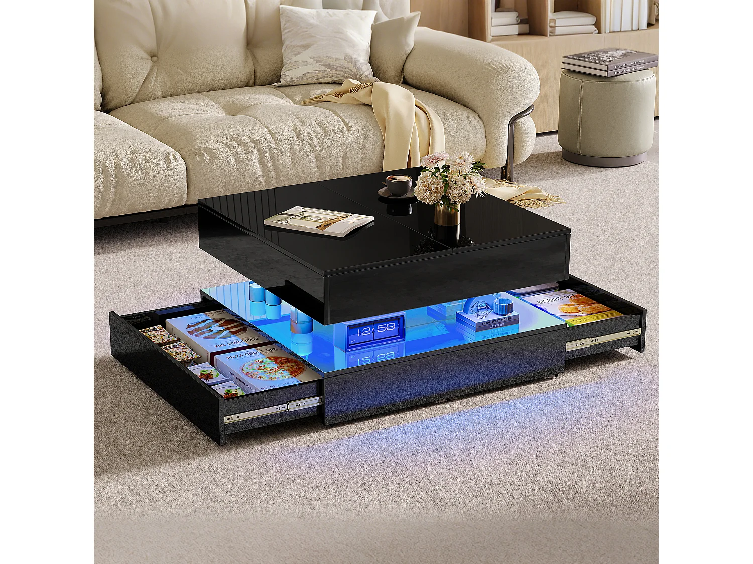 Table Basse LED avec Rangement,Surface UV Brillante,Tiroir Poussoir,table basse salon chambre jardin,78x78x43cm,Noir