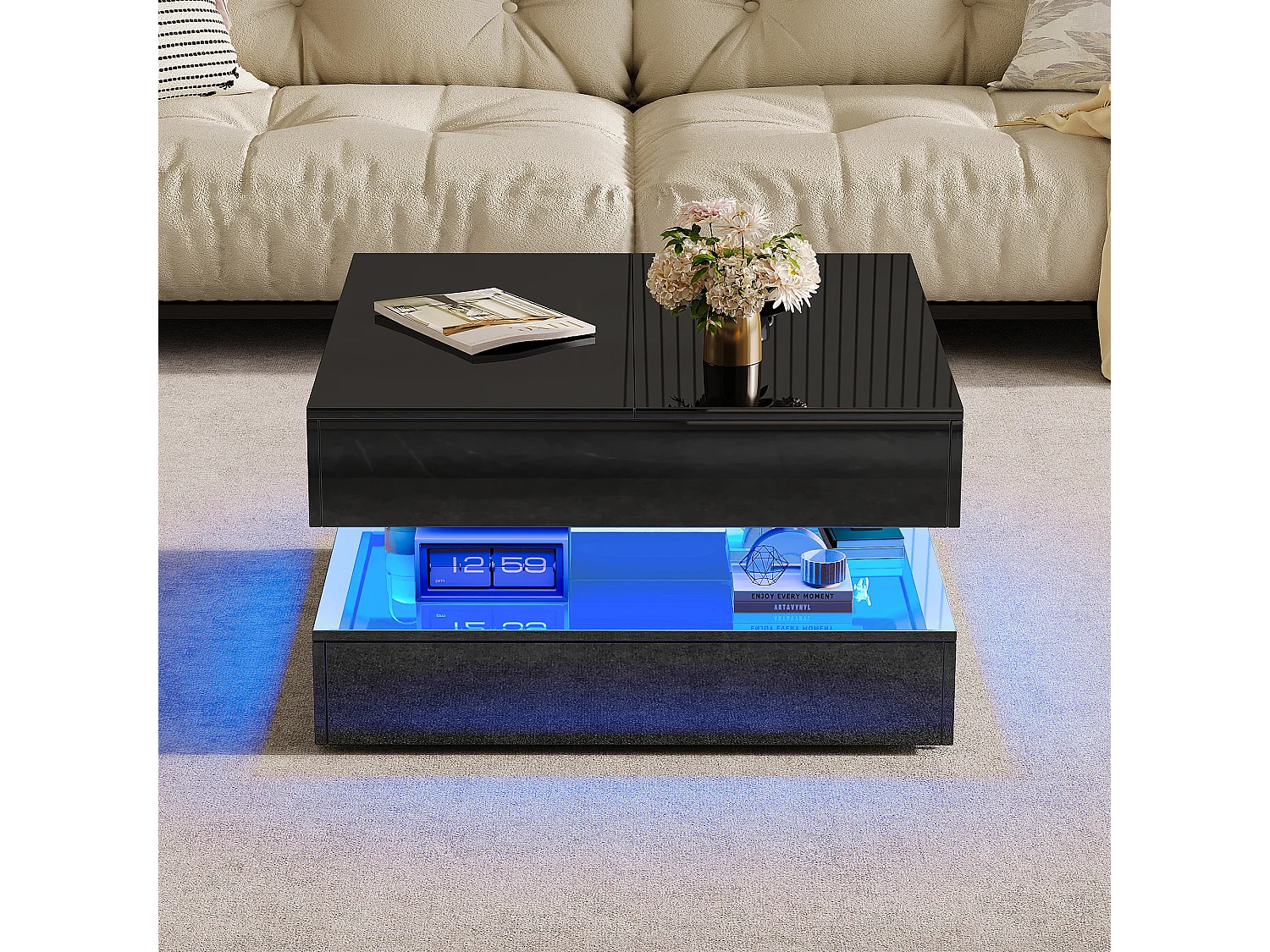 Table Basse LED avec Rangement,Surface UV Brillante,Tiroir Poussoir,table basse salon chambre jardin,78x78x43cm,Noir