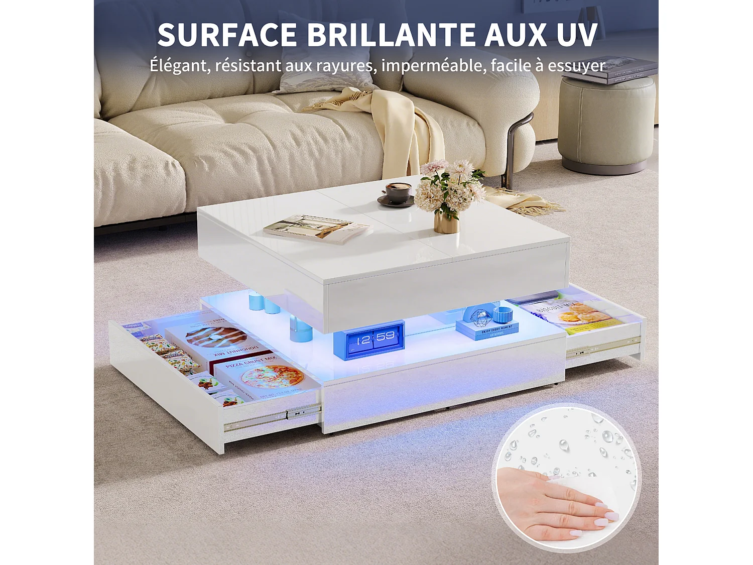 Table Basse LED avec Rangement,Surface UV Brillante,Tiroir Poussoir,table basse salon chambre jardin,78x78x43cm,Blanc