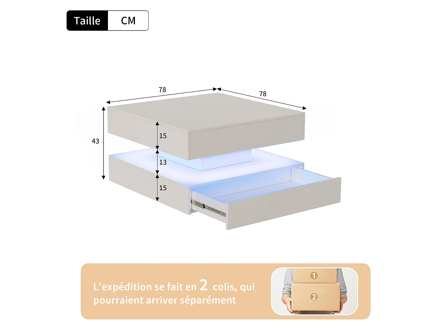 Table Basse LED avec Rangement,Surface UV Brillante,Tiroir Poussoir,table basse salon chambre jardin,78x78x43cm,Blanc