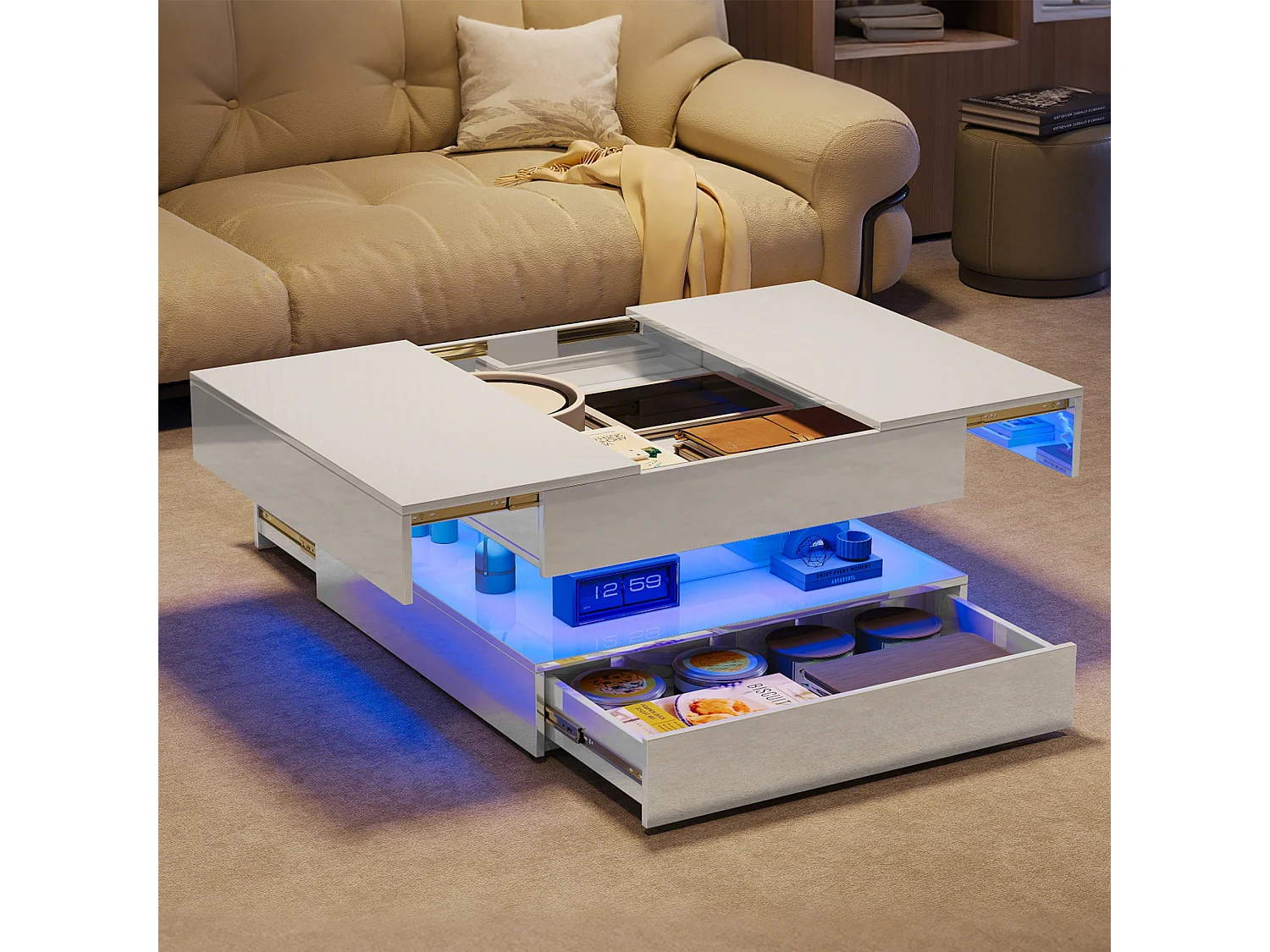 Table Basse LED avec Rangement,Surface UV Brillante,Tiroir Poussoir,table basse salon chambre jardin,78x78x43cm,Blanc