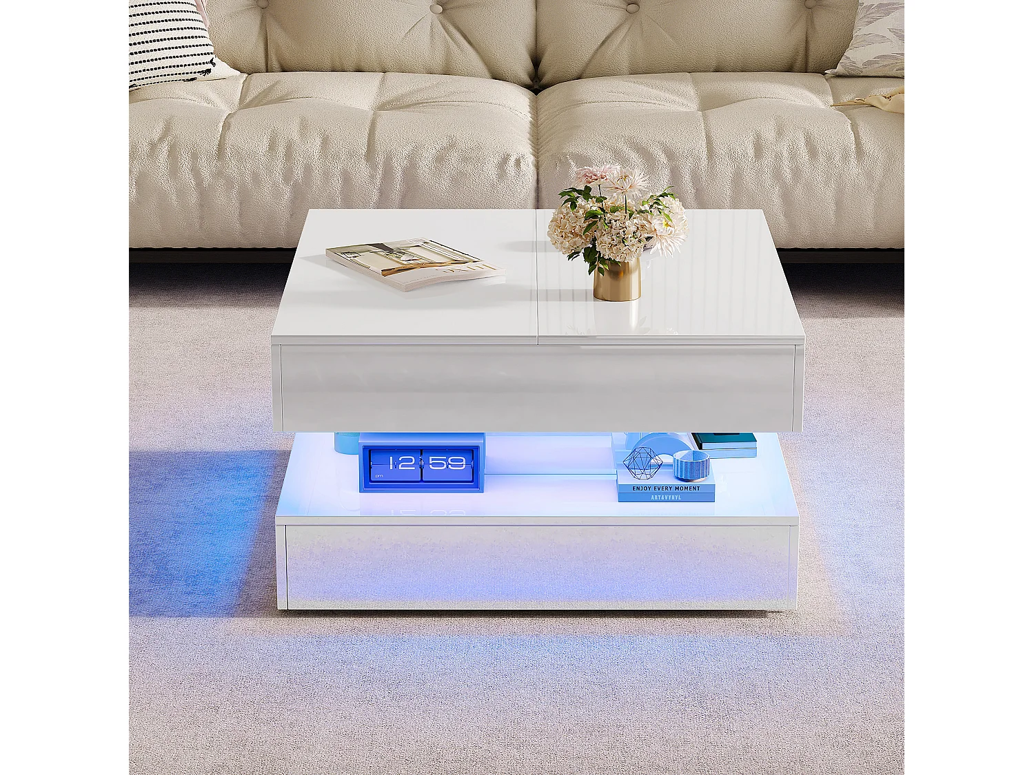 Table Basse LED avec Rangement,Surface UV Brillante,Tiroir Poussoir,table basse salon chambre jardin,78x78x43cm,Blanc