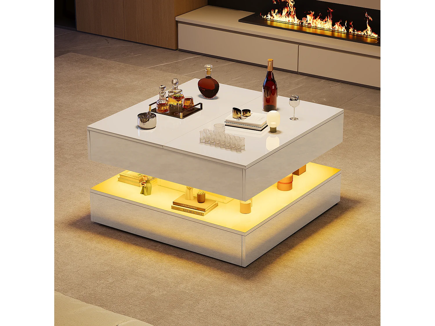 Table Basse LED avec Rangement,Surface UV Brillante,Tiroir Poussoir,table basse salon chambre jardin,78x78x43cm,Blanc