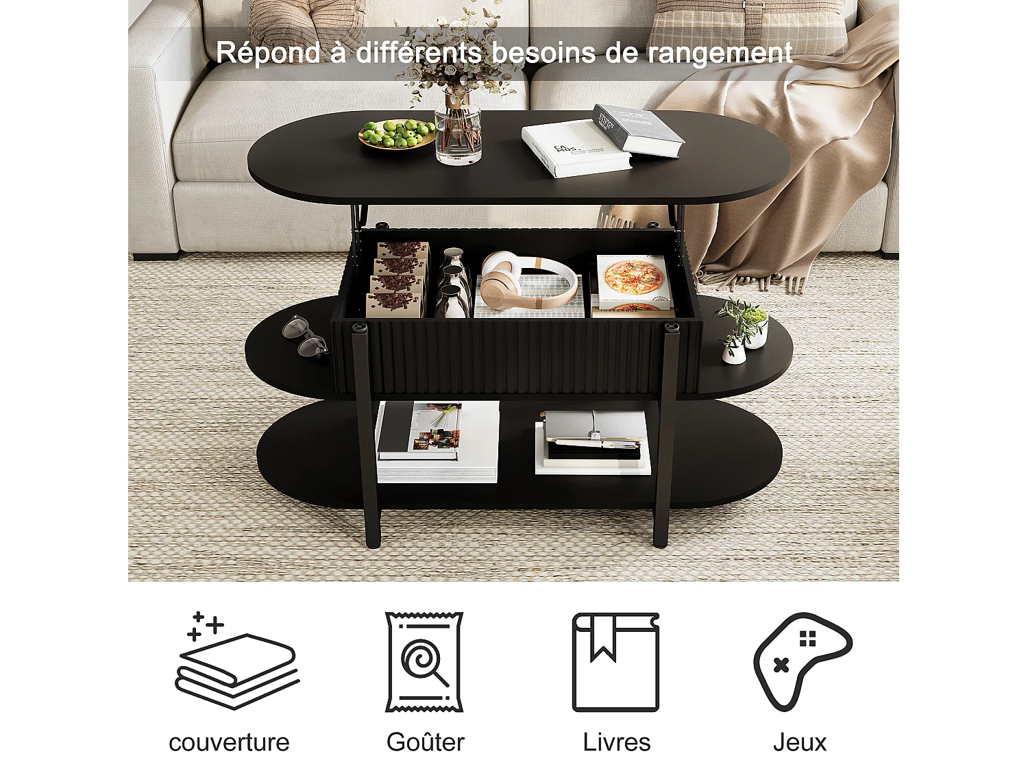 Table Basse Noir avec Plateau Relevable,Grand Rangement,Table Basse Bois,Design Moderne,Idéale Salon/Chambre/Jardin,106x45x50cm