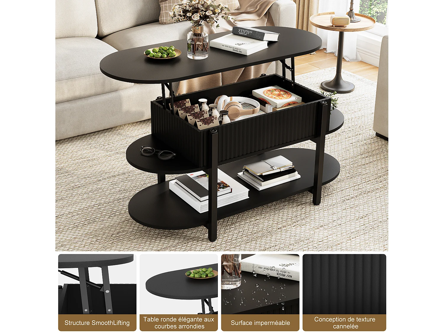 Table Basse Noir avec Plateau Relevable,Grand Rangement,Table Basse Bois,Design Moderne,Idéale Salon/Chambre/Jardin,106x45x50cm