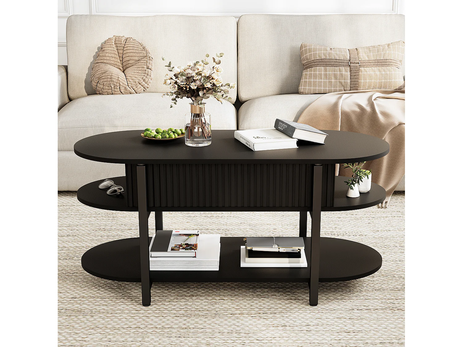 Table Basse Noir avec Plateau Relevable,Grand Rangement,Table Basse Bois,Design Moderne,Idéale Salon/Chambre/Jardin,106x45x50cm