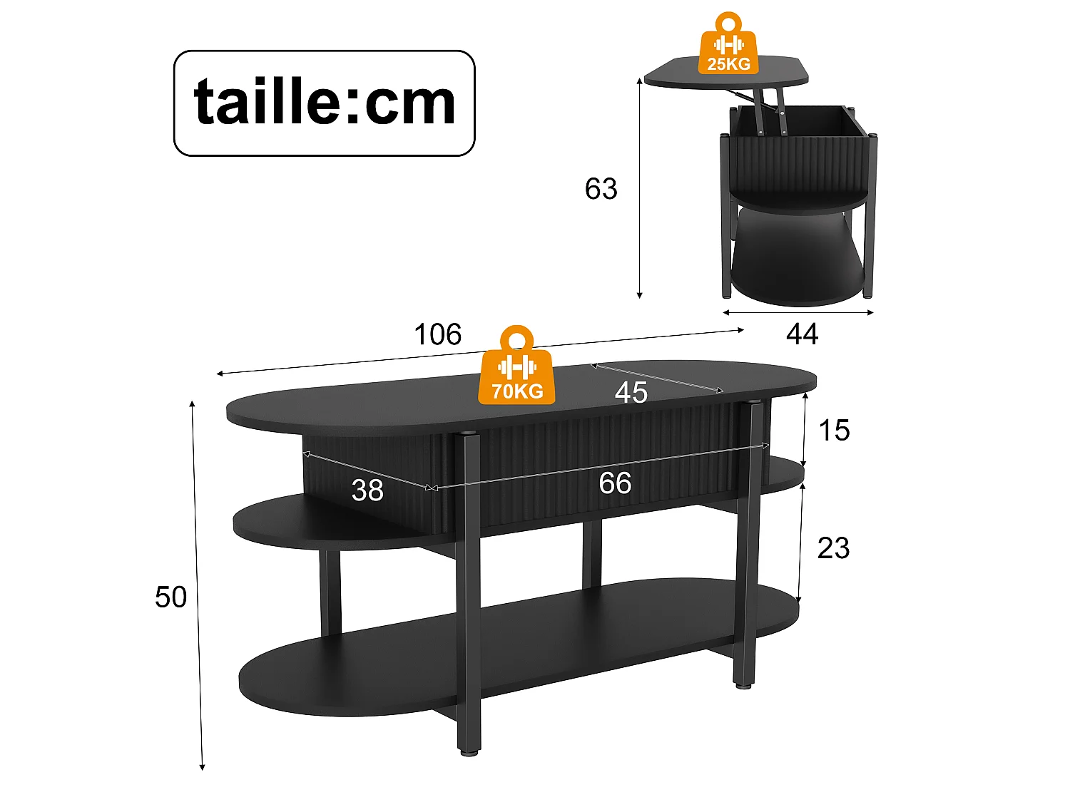 Table Basse Noir avec Plateau Relevable,Grand Rangement,Table Basse Bois,Design Moderne,Idéale Salon/Chambre/Jardin,106x45x50cm