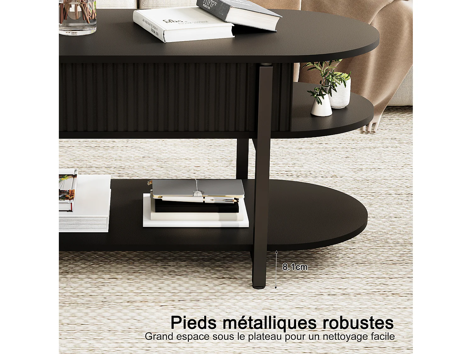 Table Basse Noir avec Plateau Relevable,Grand Rangement,Table Basse Bois,Design Moderne,Idéale Salon/Chambre/Jardin,106x45x50cm