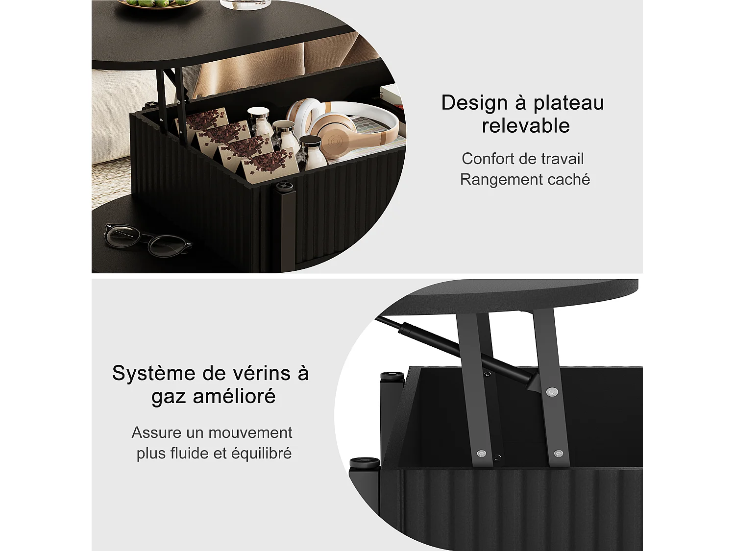 Table Basse Noir avec Plateau Relevable,Grand Rangement,Table Basse Bois,Design Moderne,Idéale Salon/Chambre/Jardin,106x45x50cm