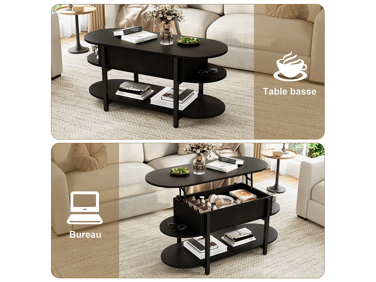 Table Basse Noir avec Plateau Relevable,Grand Rangement,Table Basse Bois,Design Moderne,Idéale Salon/Chambre/Jardin,106x45x50cm