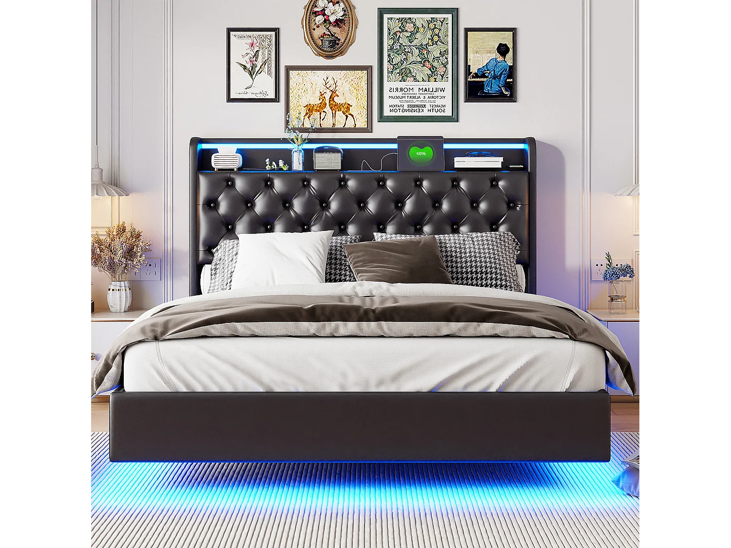 Lit Double 160x200 LED RGB avec Tête de Lit Rangement - Recharge USB - Design Flottant - Structure 500kg - Tissu en cuir PU - Noir