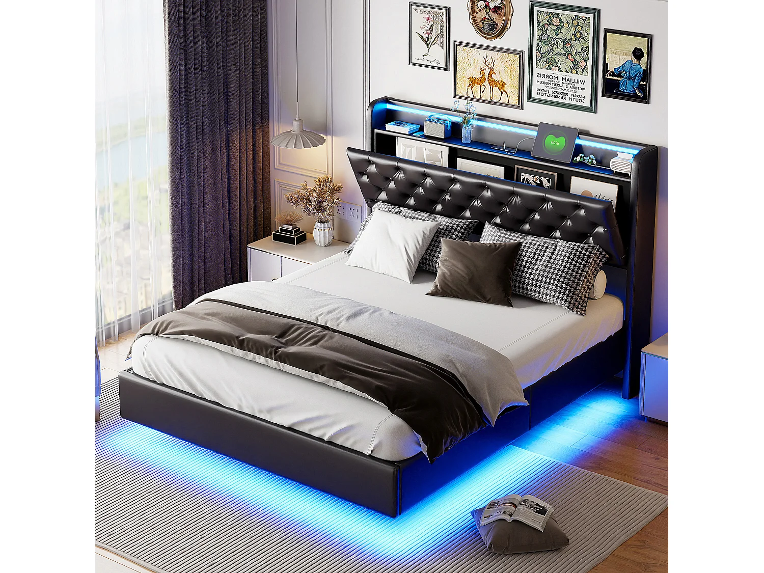 Lit Double 160x200 LED RGB avec Tête de Lit Rangement - Recharge USB - Design Flottant - Structure 500kg - Tissu en cuir PU - Noir