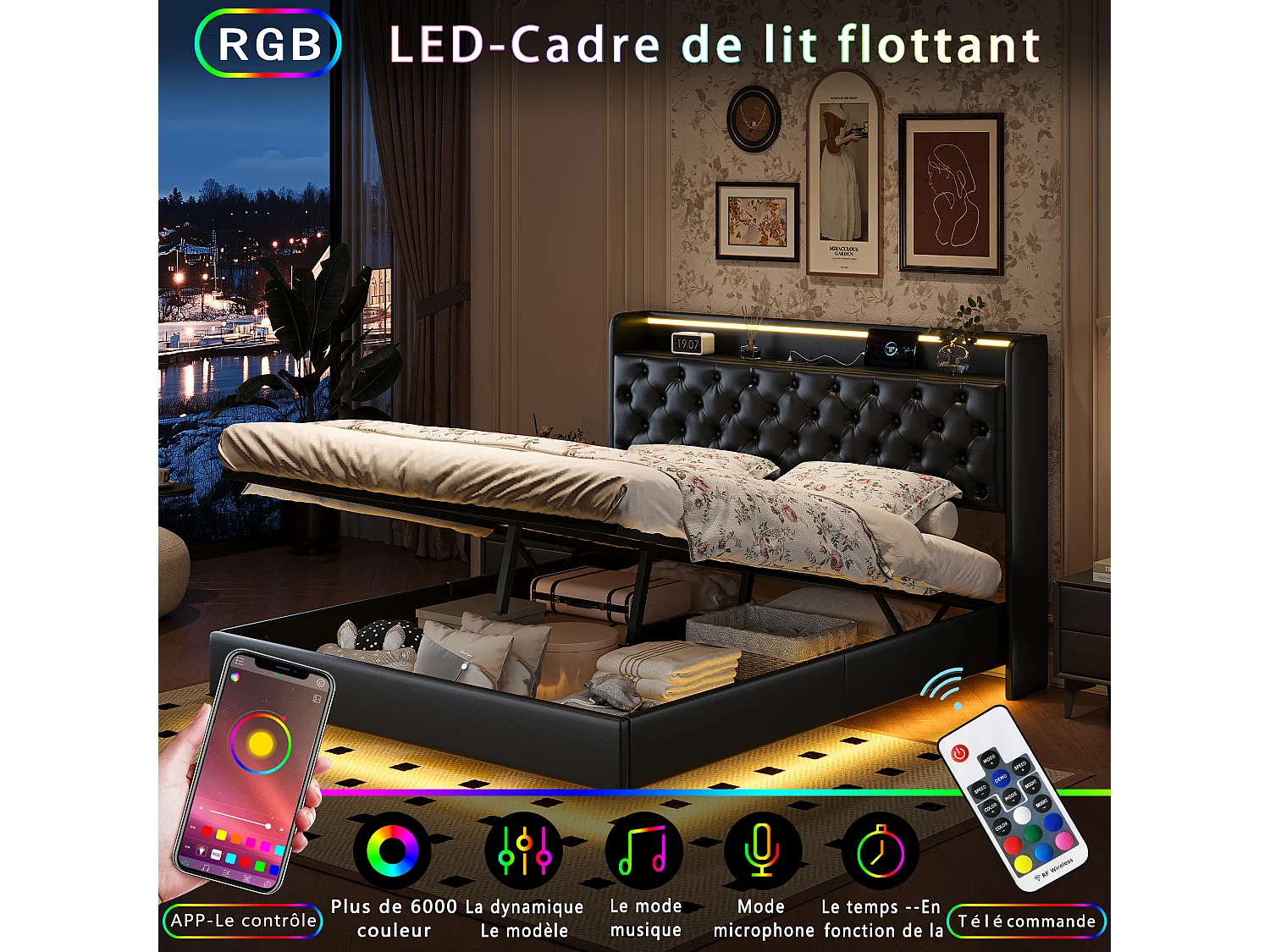 Lit Double 160x200 LED RGB avec Tête de Lit Rangement - Recharge USB - Design Flottant - Structure 500kg - Tissu en cuir PU - Noir