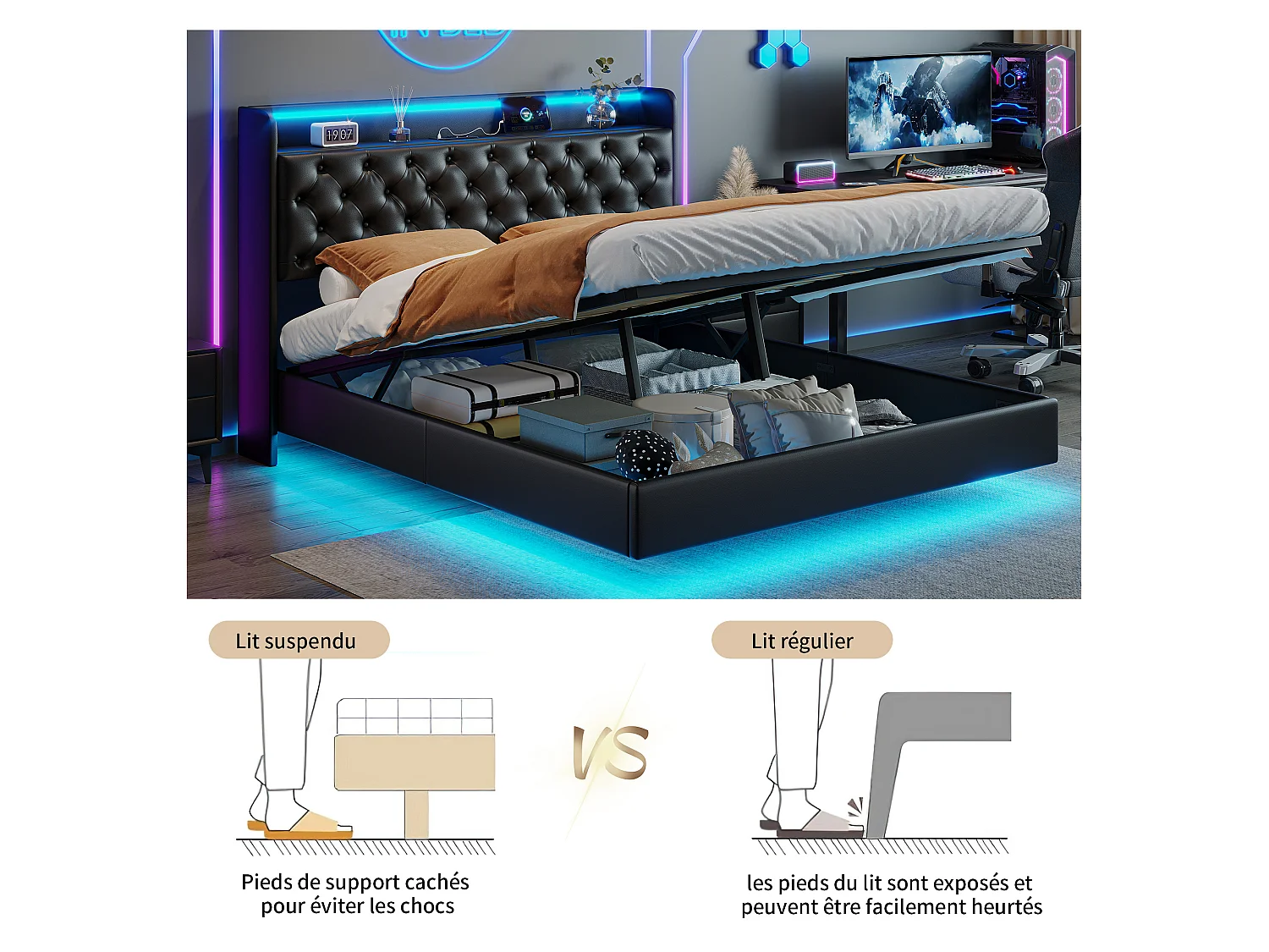 Lit Double 160x200 LED RGB avec Tête de Lit Rangement - Recharge USB - Design Flottant - Structure 500kg - Tissu en cuir PU - Noir