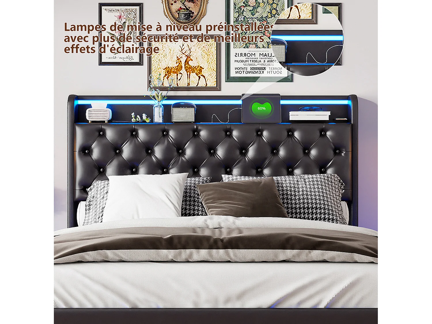 Lit Double 160x200 LED RGB avec Tête de Lit Rangement - Recharge USB - Design Flottant - Structure 500kg - Tissu en cuir PU - Noir