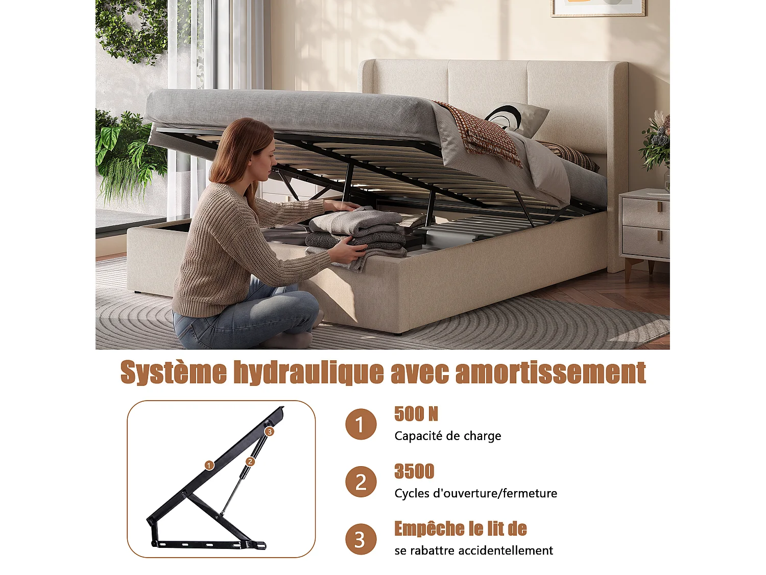 Opbergbed 160x200 cm met lattenbodem en gestoffeerd hoofdbord - Linnen stof - Tweepersoonsbedframe - voor volwassenen en tieners - Beige