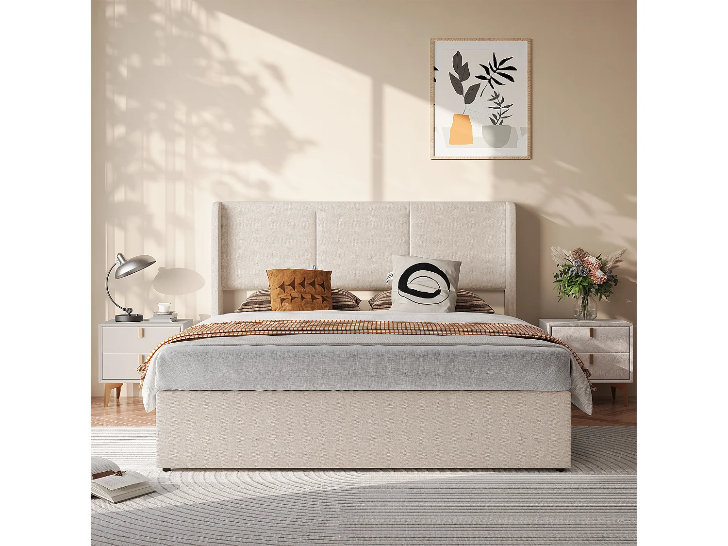Opbergbed 160x200 cm met lattenbodem en gestoffeerd hoofdbord - Linnen stof - Tweepersoonsbedframe - voor volwassenen en tieners - Beige