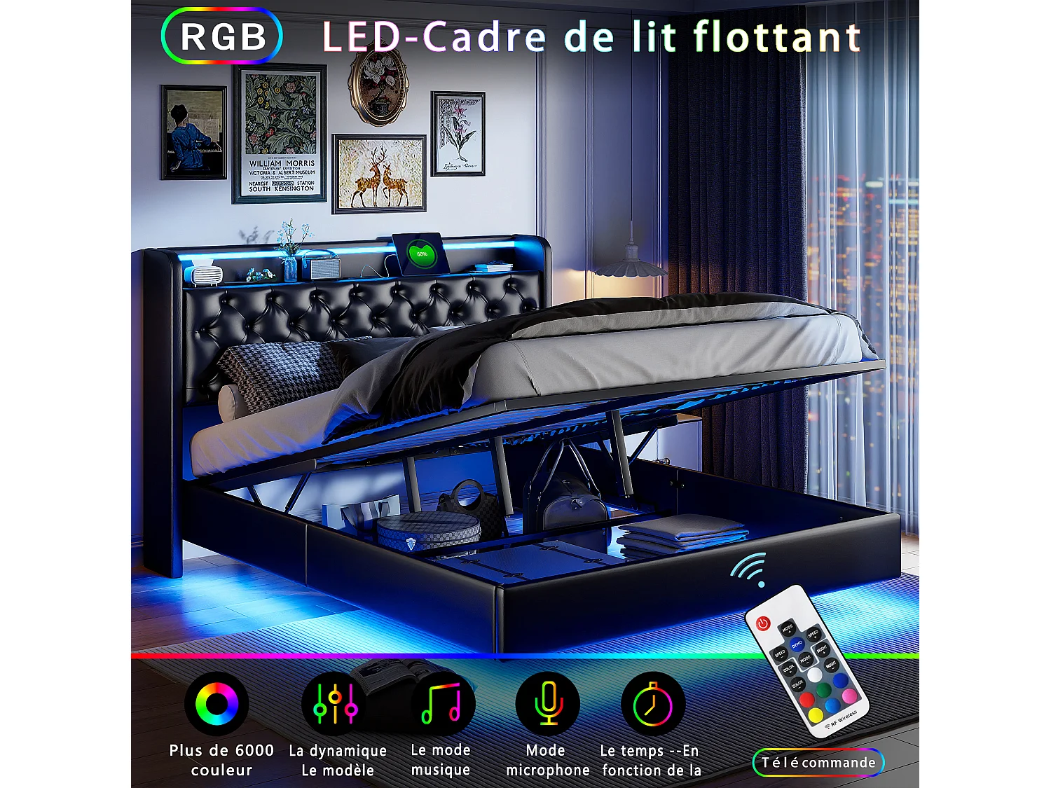 140x200cm RGB LED-opbergbed met hoofdbord - USB-oplaadpunt - Zwevend ontwerp - Draagvermogen 500 kg - Bekleding van PU-leer - Zwart