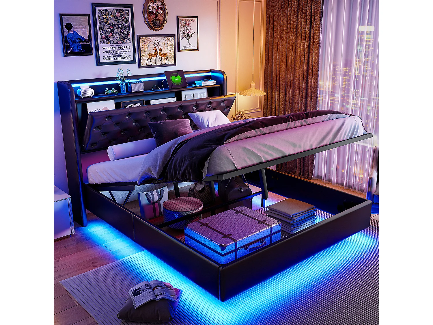 140x200cm RGB LED-opbergbed met hoofdbord - USB-oplaadpunt - Zwevend ontwerp - Draagvermogen 500 kg - Bekleding van PU-leer - Zwart