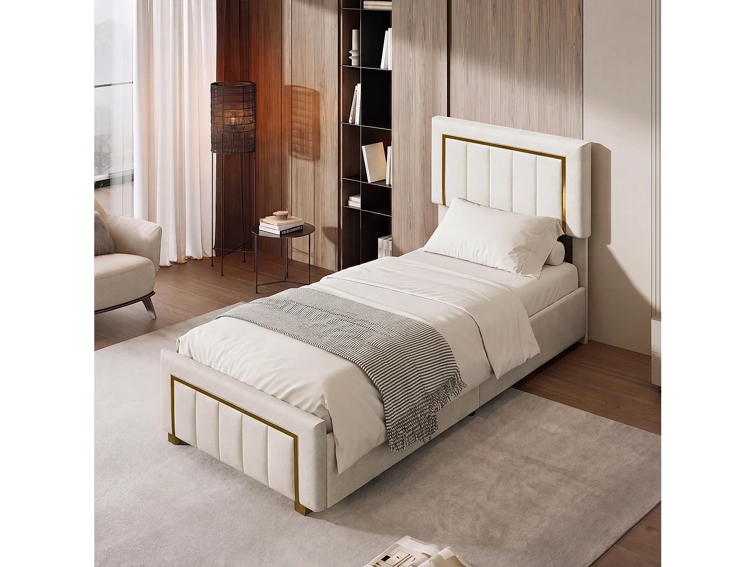 90x200cm bed met verstelbaar hoofdeinde - Eenpersoonsbedframe van 90x200cm met opbergruimte en houten lattenbodem - Fluweelstof - Wit