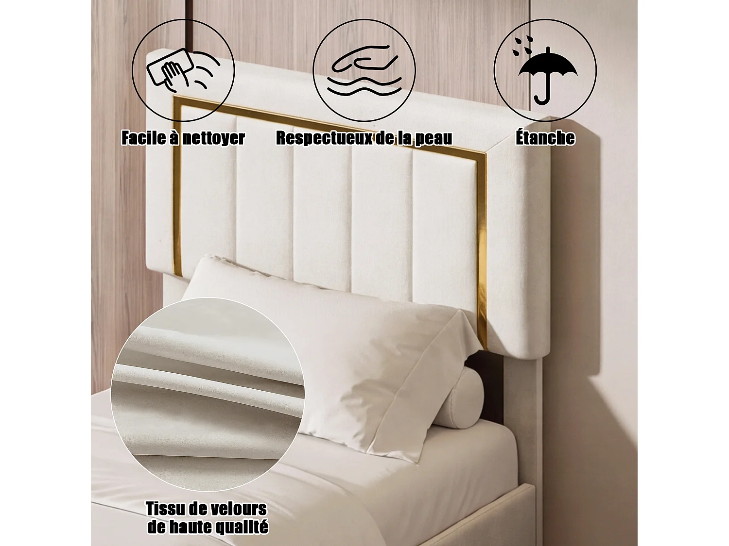 90x200cm bed met verstelbaar hoofdeinde - Eenpersoonsbedframe van 90x200cm met opbergruimte en houten lattenbodem - Fluweelstof - Wit