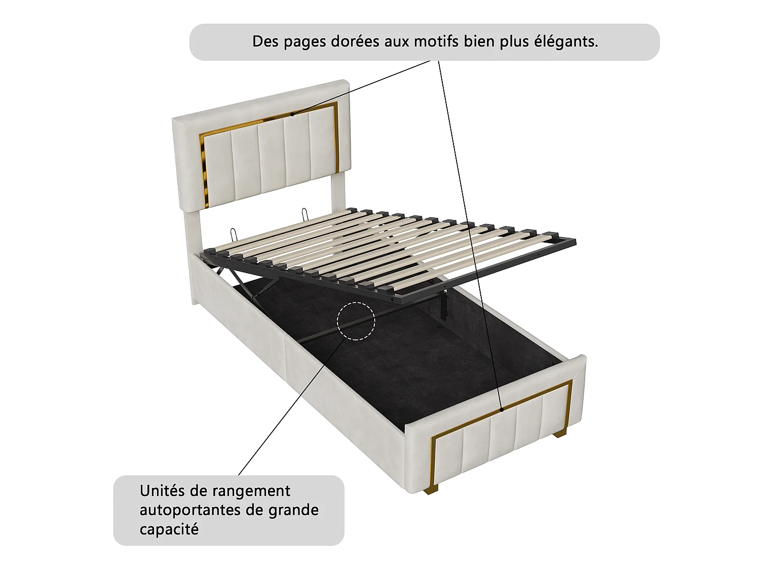 90x200cm bed met verstelbaar hoofdeinde - Eenpersoonsbedframe van 90x200cm met opbergruimte en houten lattenbodem - Fluweelstof - Wit