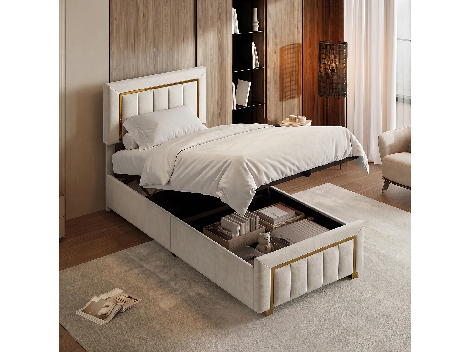 90x200cm bed met verstelbaar hoofdeinde - Eenpersoonsbedframe van 90x200cm met opbergruimte en houten lattenbodem - Fluweelstof - Wit