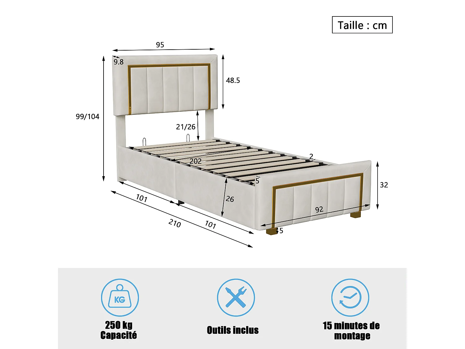 90x200cm bed met verstelbaar hoofdeinde - Eenpersoonsbedframe van 90x200cm met opbergruimte en houten lattenbodem - Fluweelstof - Wit